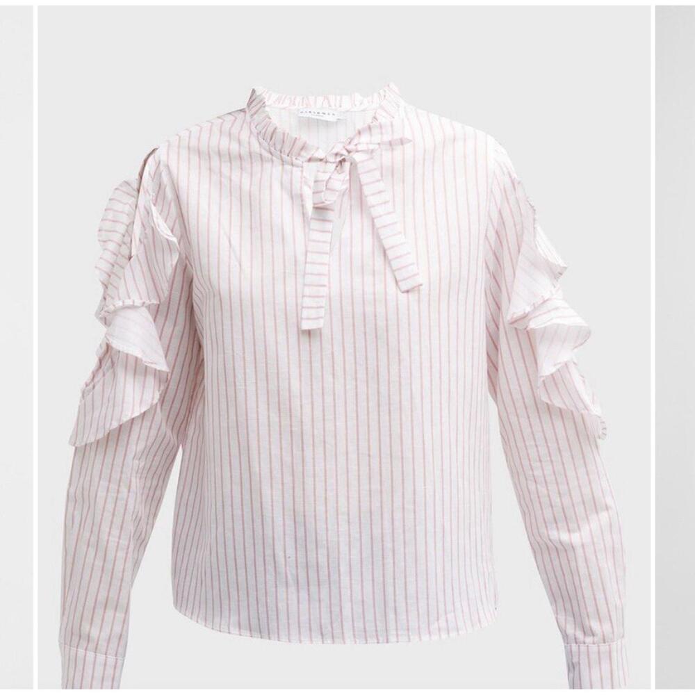 Harshman Indre White Pink Striped Cutout Long Sleeve Cotton Blouse - Size M